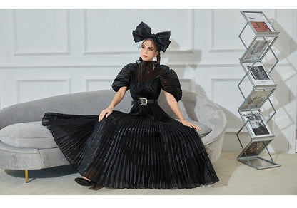 Long pleaded big puffy sleeve elegant inspired couture black dress- Isa