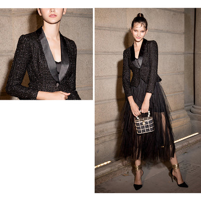 Fashionable a middle waist tutu skirt, a deep V-style black tweed jacket dress- Gilo