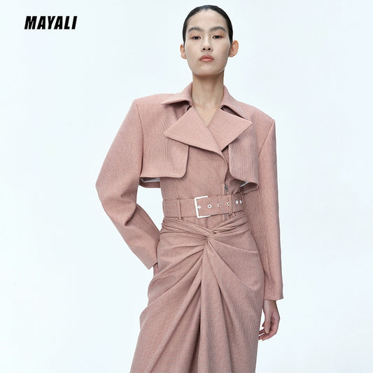 MAYALI Black Houndstooth Broad-Shouldered Tunic Cropped Blazer Neck Trench Coat - Illio