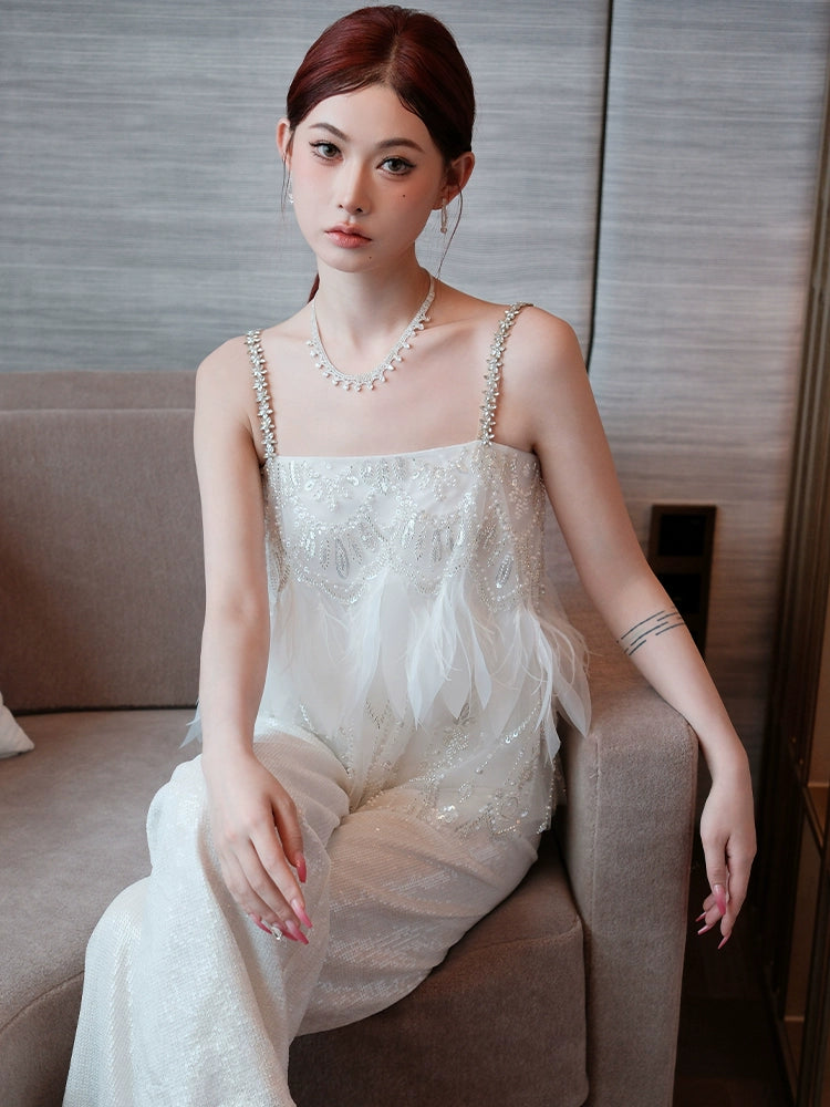 Wardrobes by Chen White sequin Strap Lace Loose Top High Waist Straight Pant-Lacey