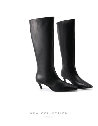 B-FEI original niche design minimalist style straight boots black and white leather personality slanted heel high boots- Melo