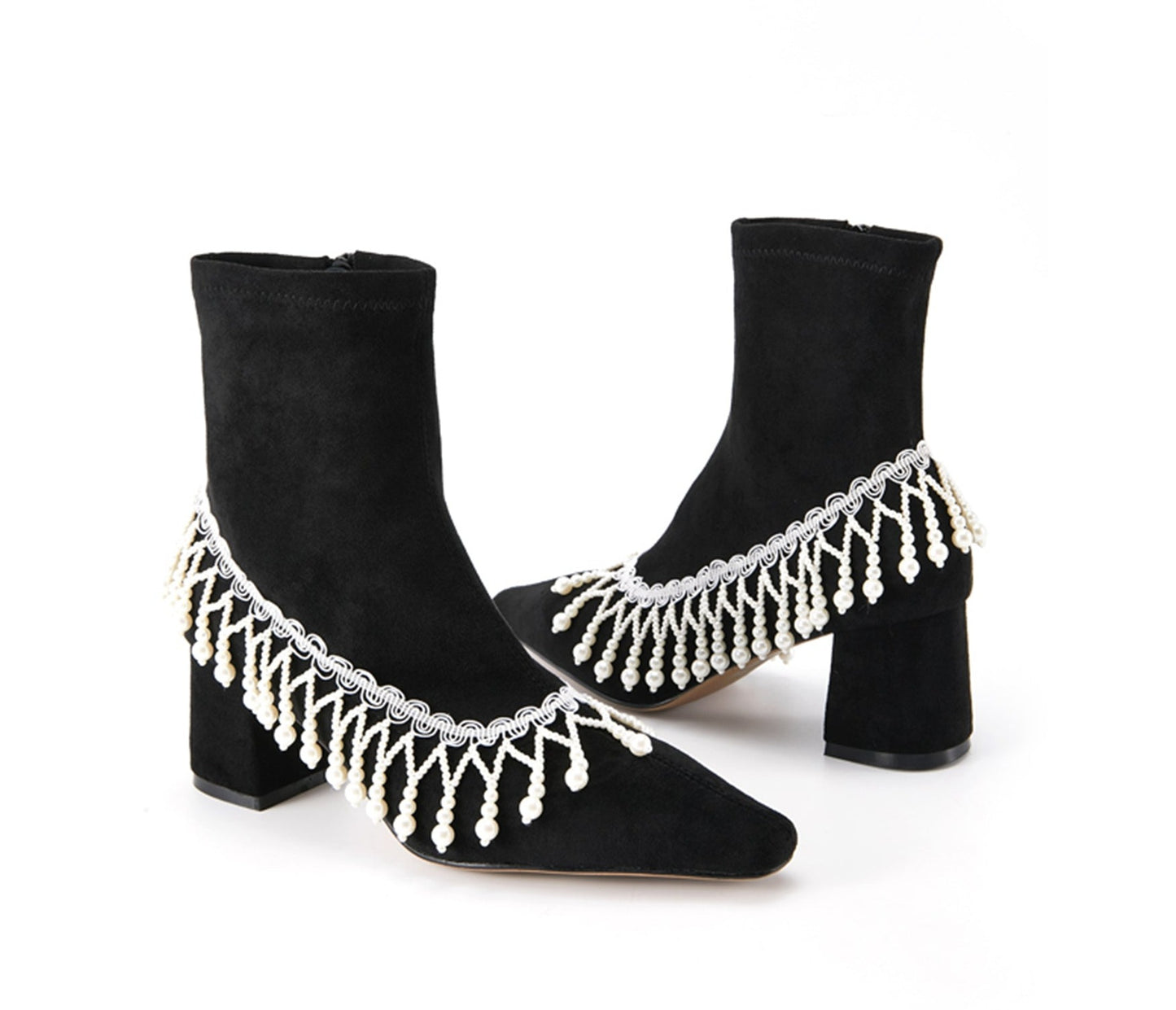 FEI original niche design pearl chain tassel boots ankle boots- Lona
