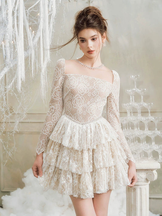 Wardrobes By Chen Elegant White Square Neck  layered bridal Lace Cocktail Dress-Shell