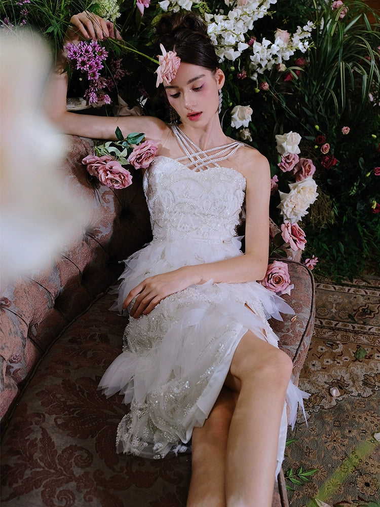 Wardrobes by Chen Luxury Whitebridal  Feather Slit Dinner Dress-Ammy