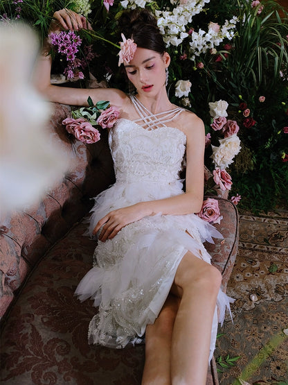 Wardrobes by Chen Luxury Whitebridal  Feather Slit Dinner Dress-Ammy