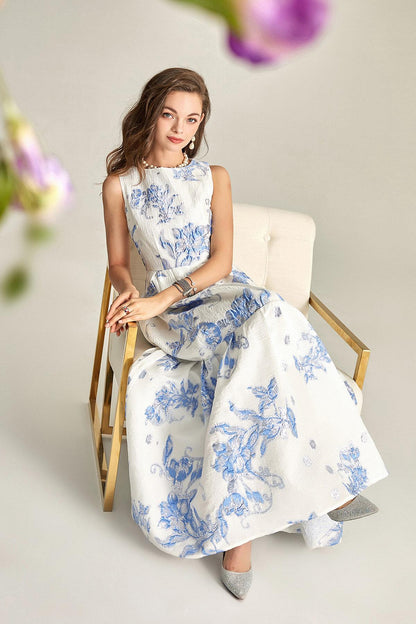 Luxury heavy embroidery jacquard elegant white fairy summer long wedding guest dress - Jinu