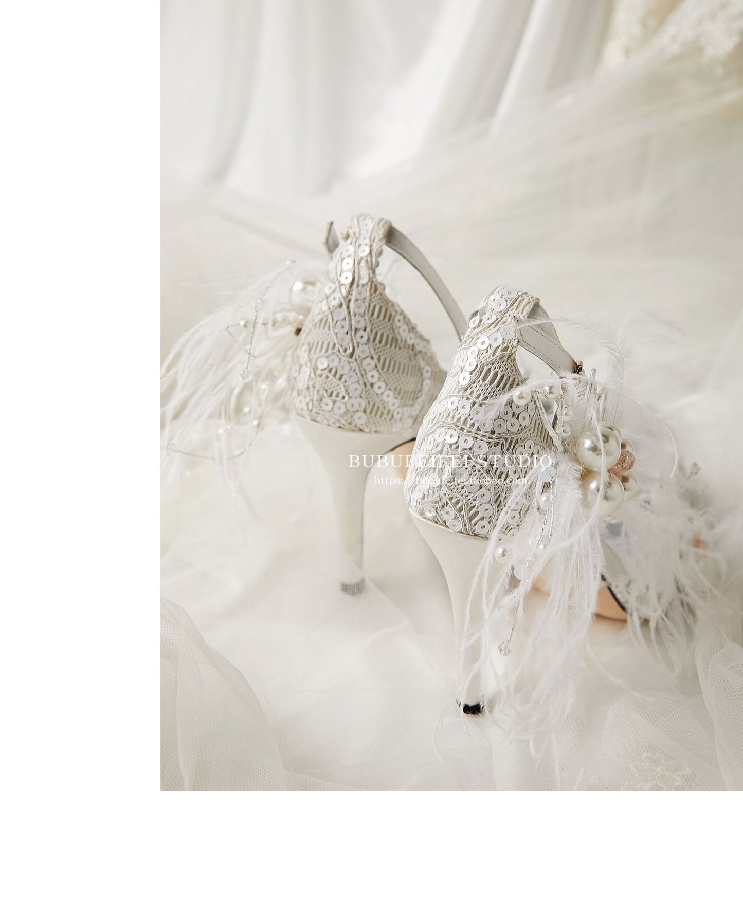 B-FEI handmade beaded lace pearl feather wedding high heel shoes- Perola