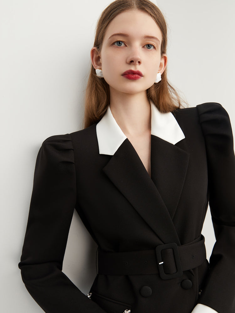 Fall Autumn Premium Black and White Contrast  crystal pocket Blazer dress- Darlyn