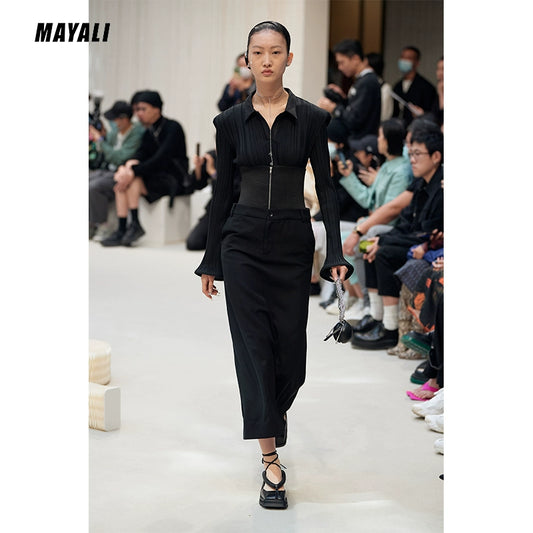 MAYALI Autumn and Winter black small leather shoes loafer sandals - Alli