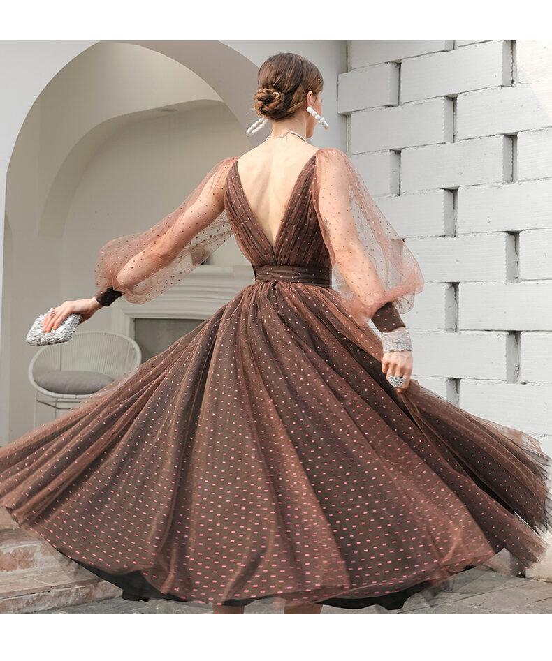 1950's Vintage inspired polka dot mesh tulle brown midi tea length princess ball dress - Kioa