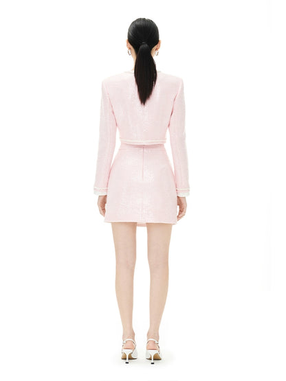 YES BY YESIR  elegant feminine pastel pink sequin skirt top jacket - Xenan