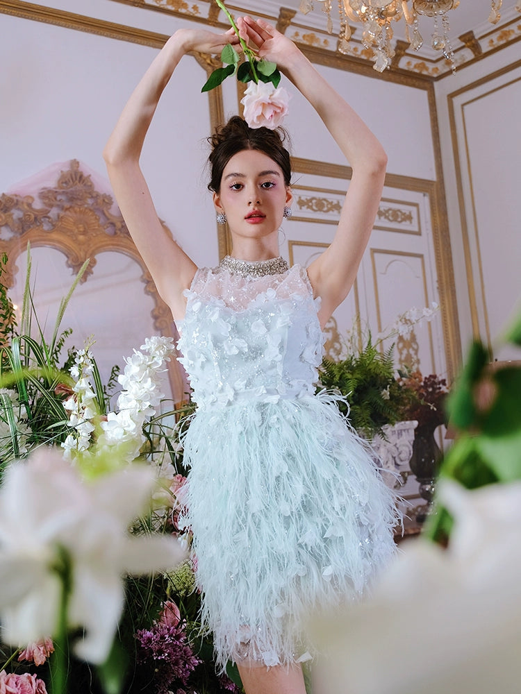 Wardrobes by Chen Elegant Blue Sleeveless Flower Feather Dress - Moji