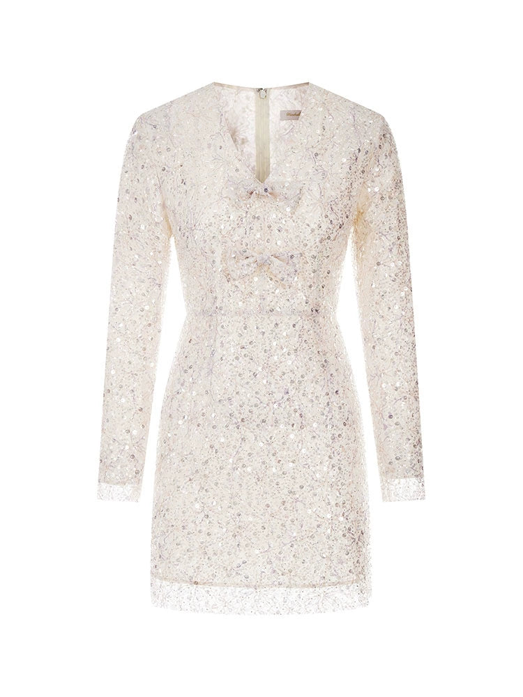 Wardrobes By Chen Elegant Off White Sequin Long Sleeve Bow bridal Short Dress-Shelly