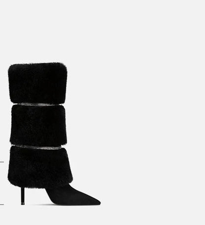 Fabfei Fall/Winter pointed toe black high heel sexy stiletto mid-length boots fur boot - Marai