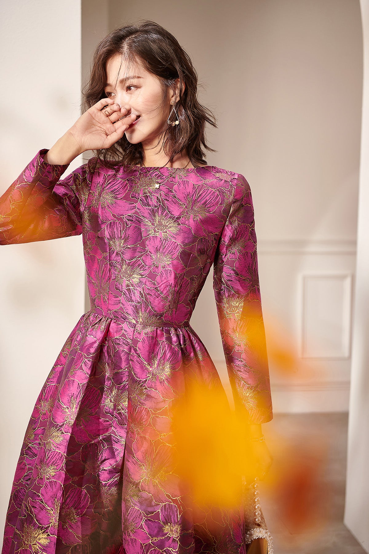 Autumn Long sleeve retro jacquard mid-length dress -Oli