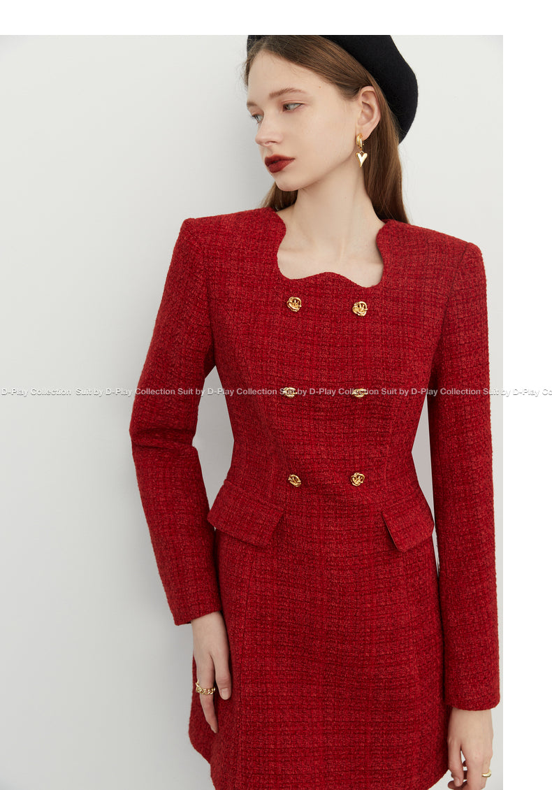 DPLAY2022 autumn and winter new small fragrance retro jam red irregular lace metal buckle tweed dress