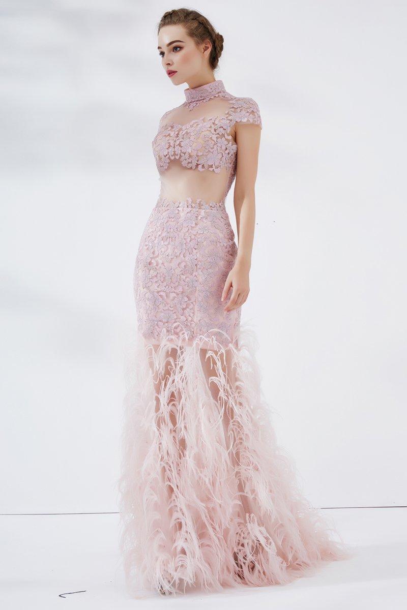 Short sleeve lace feather long pink dress- Tia S / Black Short sleeve lace feather long pink dress- Tia S / Black