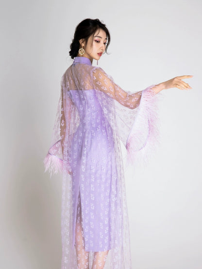 Magic Q Lilac Purple Ostrich Feather Trumpet Sleeve Lace Mesh Robe - symphony