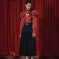 Red bead three-dimensional flower lotus leaf high waist long-sleeved short top sweater suit set- Claire