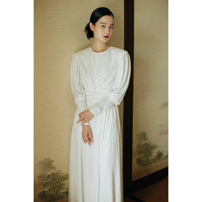 Knitted retro white pleated puff sleeve long-sleeved irregular skirt large swing dress- Caer