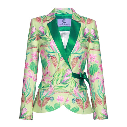 Magic Q creamy vanilla green notch lapel print paneled ruffle pleated skirt jacket suit set