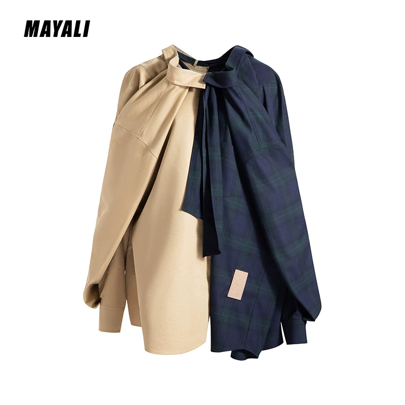 MAYALI autumn winter contrast panels luxury asymmetrical cotton  shirt - Sayyi