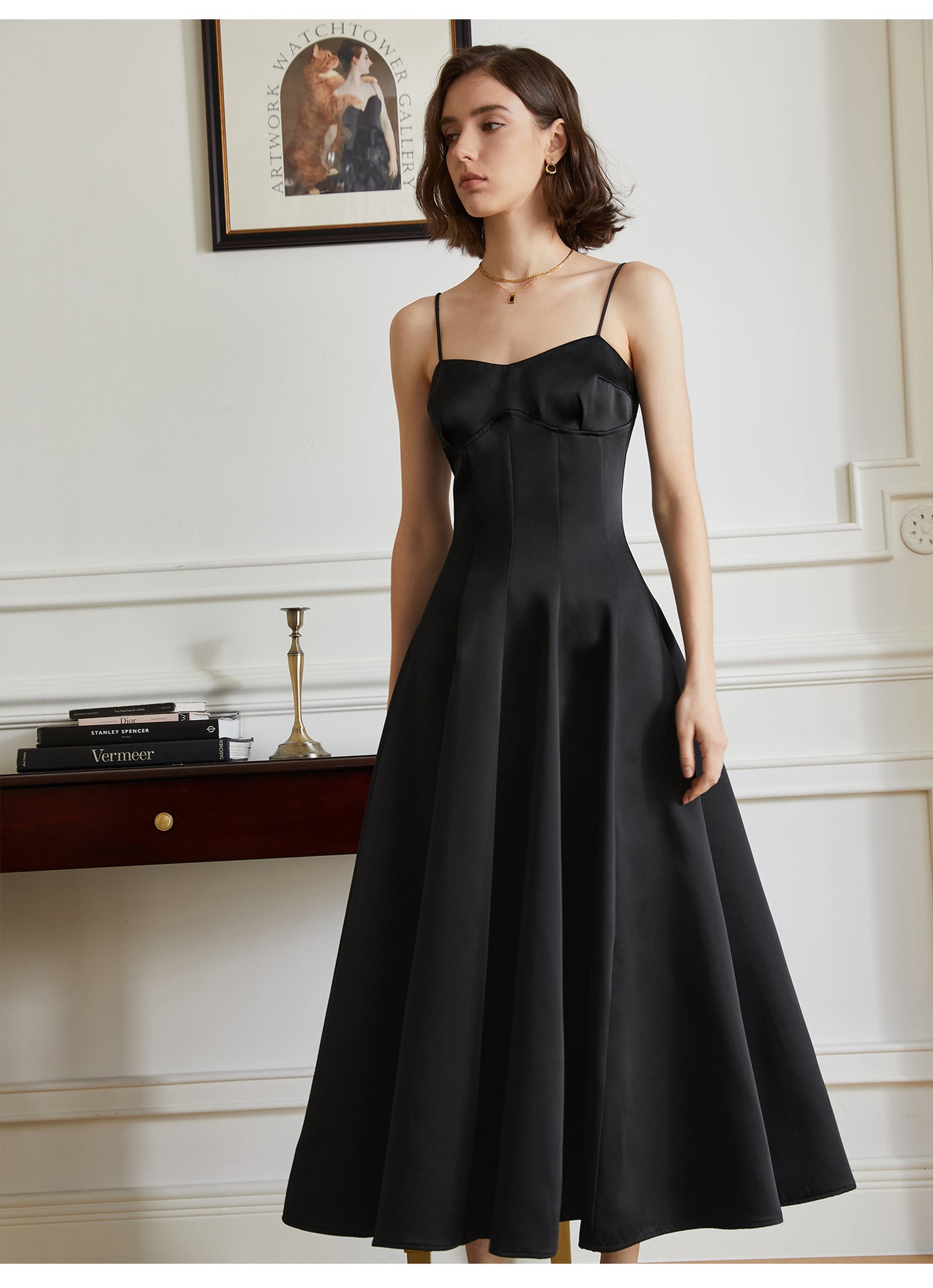 Luxurious satin, a striking sleeveless, silhouette dress- Celina