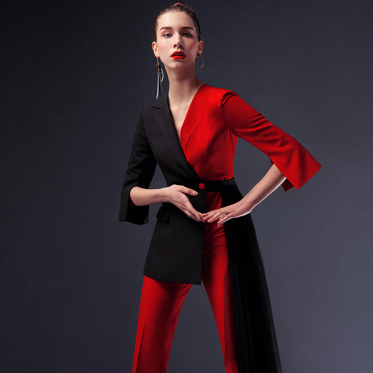 Red suit women's 2023 Spring  fake two-piece high-waisted flared jumpsuit- Cuca