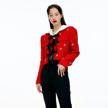 FAME cherry red elegant high end bow autumn coat jacket - Milly