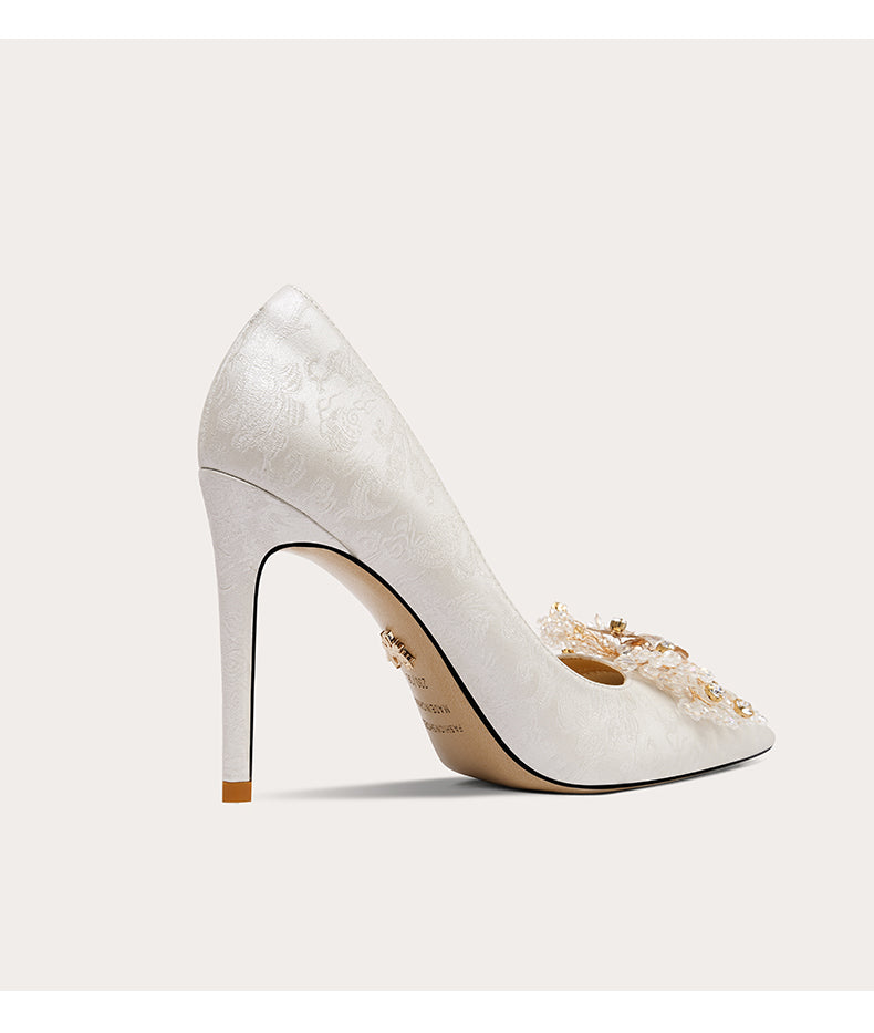 Lily white beaded high-heeled stiletto pointed toe wedding bridal shoes -  Hina