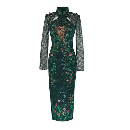 Magic Q's revamped cheongsam dark green lace print dress