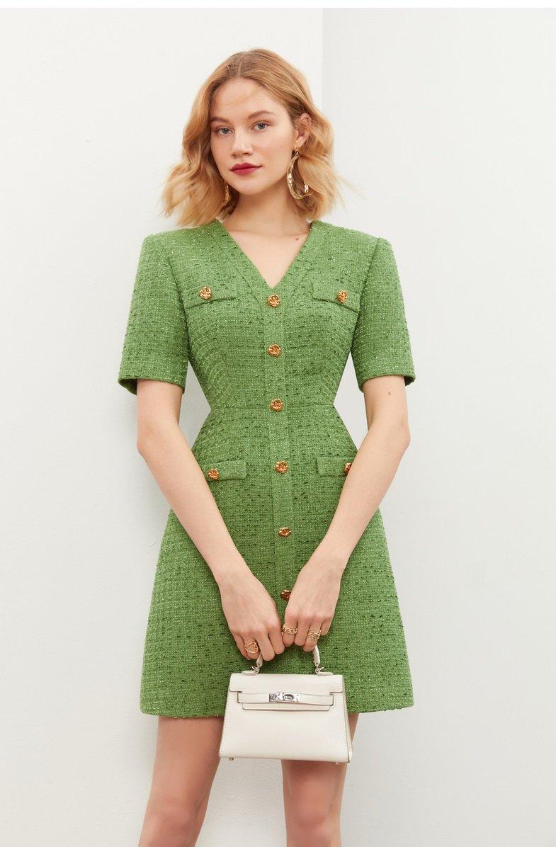 Green V-Neck short sleeve Tweed cocktail dress- Sara S Green V-Neck short sleeve Tweed cocktail dress- Sara S