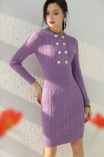 Timeless autumn and winter double breasted Lavender sweater dress - Kiestn