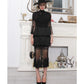High end one of a kind  woven open mesh net tassle hem skirt and blouse dress set  statement black pieces- West