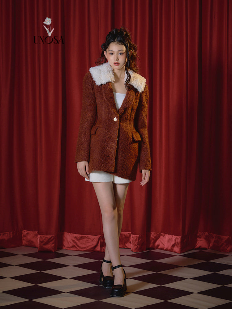 Detachable fur collar wine red brown circle wool waist v-neck coat- Yiyi