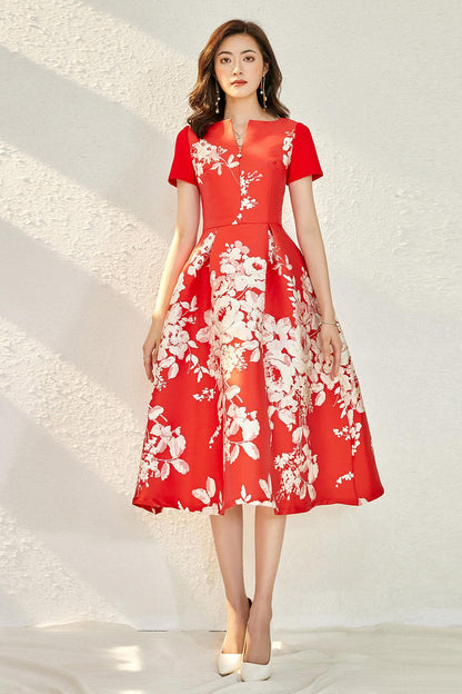 Spring retro 1950 red feminine jacquard short sleeve wedding guest audrey hepburn dress - Bailey