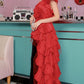 Statement limited edition one shoulder pleated flower banquet partY elegant cocktail red blouse dress - India