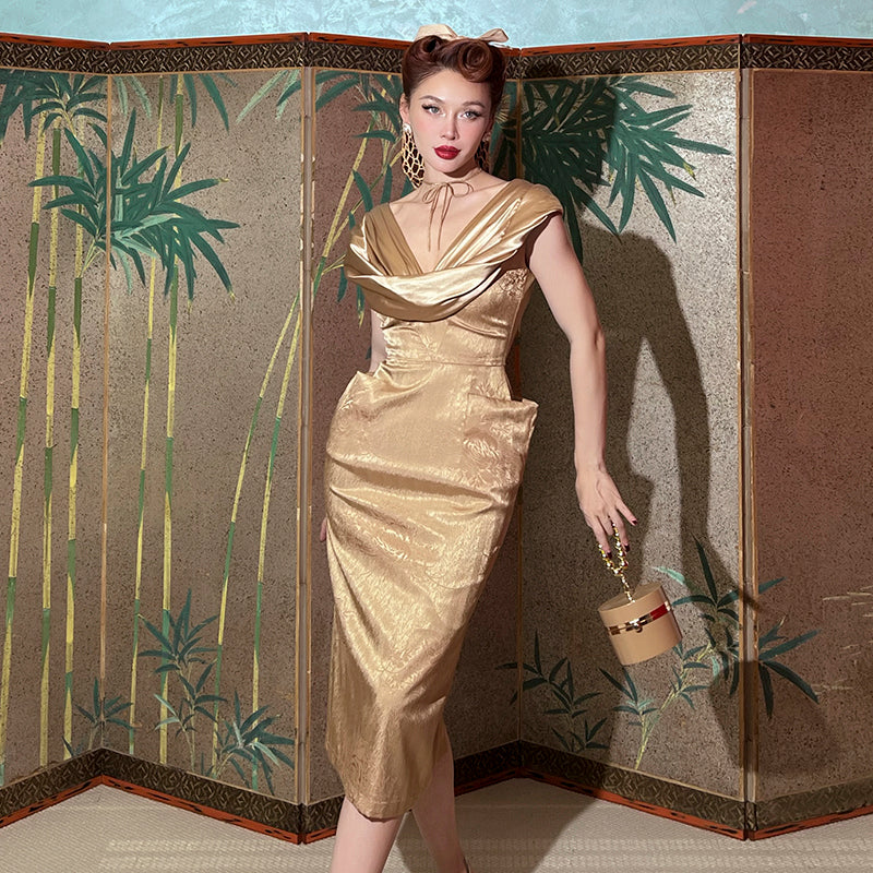 le palais vintage retro golden cowl collar cocktail dress - Imogen