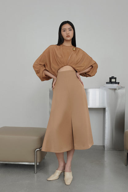 Designer Round neck pleated drape hollow short classy top blouse Skirt suit set - Harmony