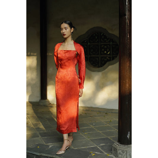 Orange red new Chinese jacquard two-piece dress - Eliana