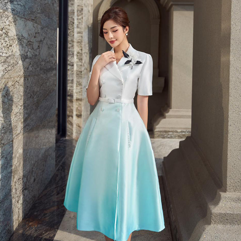 Early Spring 2023 New short-sleeved gradient elegant daily cocktail dress- Jambalaya S / White and green gradient