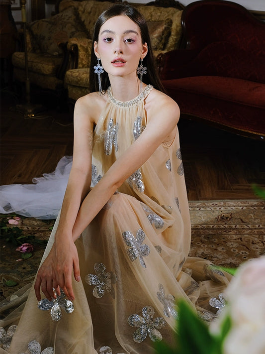 Wardrobes by Chen Luxury Nude Hanging Neck Sequin Loose Vacation Dress- Baiey