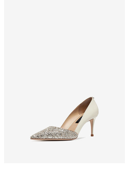 pointed toe and shallow mouth crafted with a nude and sparkling crystals for a chic shoe- Cleo