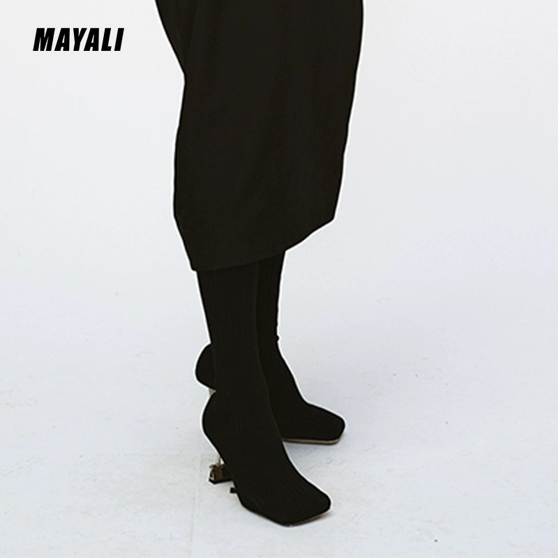 MAYALI square-toe black high-heeled elastic high boots - lioe
