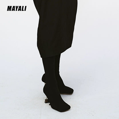 MAYALI square-toe black high-heeled elastic high boots - lioe