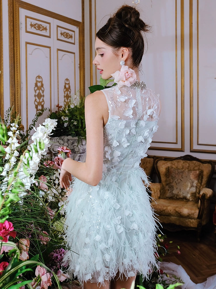 Wardrobes by Chen Elegant Blue Sleeveless Flower Feather Dress - Moji