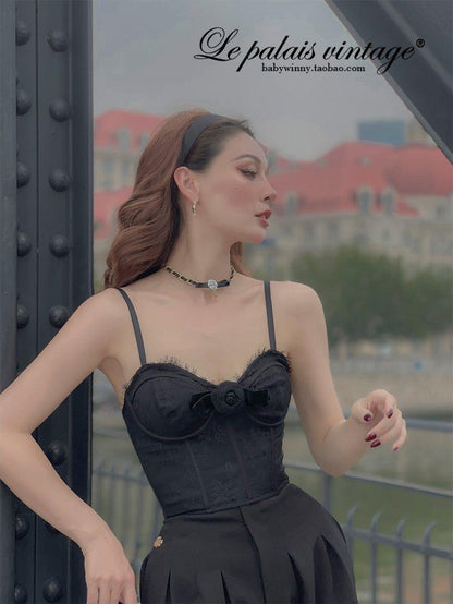 Elegant retro lace fishbone bustier black corset- Fances
