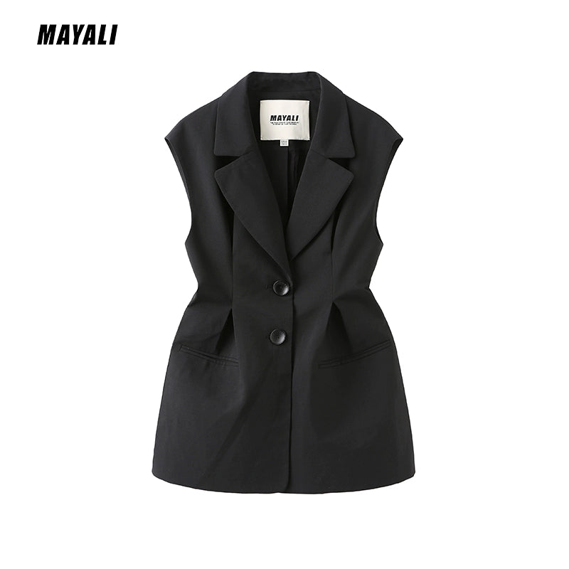 MAYALI Fall/Winter V-neck Slim Waist Sleeveless Blazer - Luryi