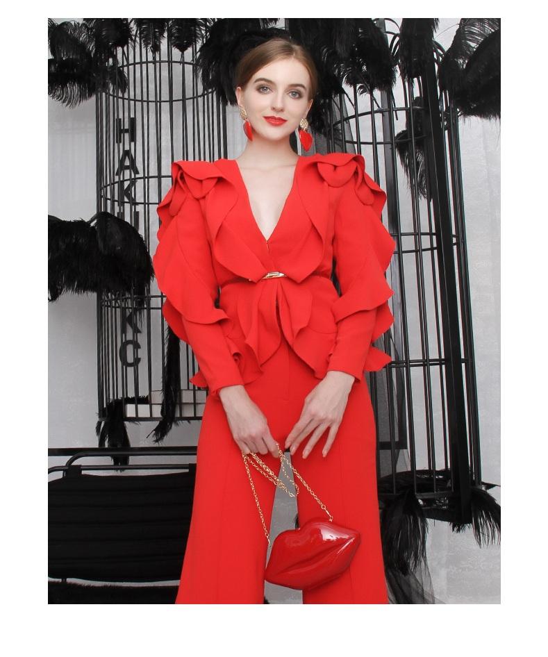 Limited edition elegant and stylish three-dimensional ruffled design V-neck two-piece red pants suit- Sobi