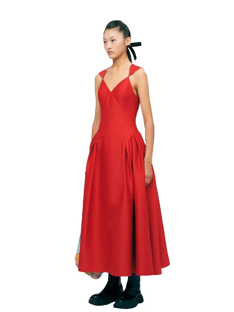YES BY YESIR pressed pleats sexy elegant red evening formal dress- Aiitca